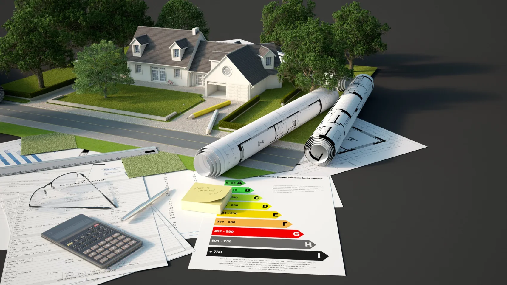 Projekt domu, plany i etykieta energetyczna na biurku